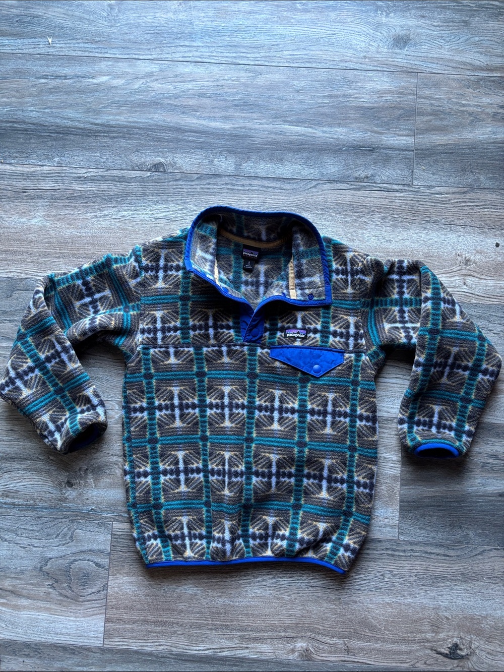 Patagonia Teal Blue Gray Plaid Zip-Up Fleece Pullover